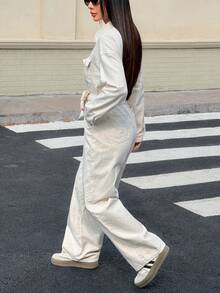 Rivivi Women's Casual Everyday Commute Fashion Street Flap Pocket Belted Loose Denim Jumpsuit - Apricot - View 2