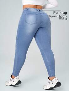 SHEIN CURVE+ Pantalones deportivos casuales de mezclilla tejida de talla grande para mujer - Azul lavado medio - Ver 2