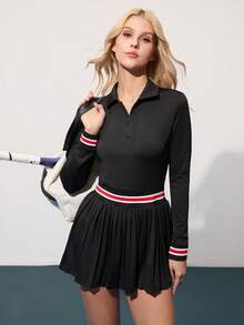 CourtClass Women's Zip-Up Polo Collar Striped Long Sleeve Pleated Hem Sports Dress With Shorts Tennis Dress Long Sleeve Tennis Dress Black Tennis Dress Polo Dress Tummy Control Tennis Dress Tennis Skirt Set Pleated Tennis Dress Tennis Dress With Shorts Zip Up Tennis Dress Long Sleeve Tennis Outfit
