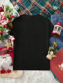 SHEIN Essnce Áo thun nữ cổ tròn tay ngắn dáng rộng in hình mèo dễ thương Giáng sinh, màu đen - màu đen - Xem 2