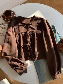 Comfortcana 女式纯色撞色蕾丝前领带长袖时尚衬衫 - 咖啡棕 - 查看 5