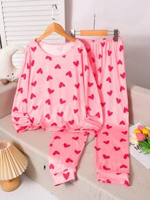 少女心形印花长袖和裤子睡衣套装 - 粉色 - 查看 1