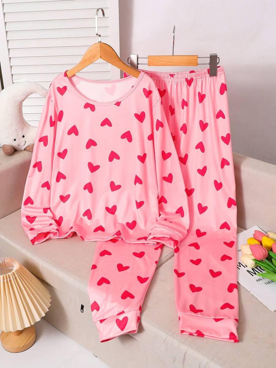 少女心形印花长袖和裤子睡衣套装 - 粉色 - 查看 1