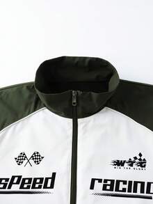 Manfinity EMRG Men's Autumn Letter Print Contrast Color Zipper Collar Casual Long Sleeve Jacket Motorsport Jacket Racing Passion Racing Speed Jacket - Army Green - View 3