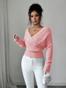 SHEIN Elenzya 女士优雅纯色V领裹身毛衣，秋冬 - 粉色 - 查看 5