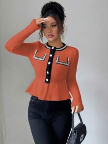 Elenzga Women's Contrast Color Faux Pearl Waist Ruffle Hem Knit Cardigan - Orange - View 7