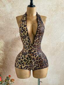 Soleia 女士度假亮片豹纹针织纹理深 V 领露背性感紧身衣，时尚修身连体衣，适合派对、约会、下午茶、波西米亚风度假、海滩、夏季 - 棕色 - 查看 3