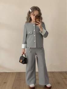 Elladie kids 少女时尚白色袖口灰色长袖假口袋外套搭配宽松休闲珍珠纽扣腰裤套装，秋冬季