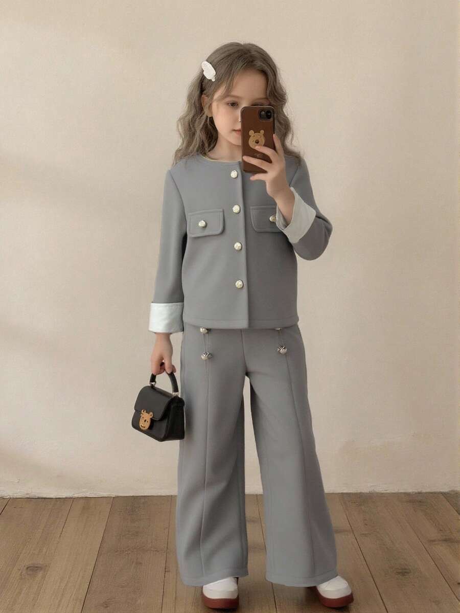 Elladie kids 少女时尚白色袖口灰色长袖假口袋外套搭配宽松休闲珍珠纽扣腰裤套装，秋冬季