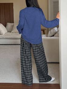DAZY 1 Set Piyama Wanita Lengan Panjang Longgar dan Nyaman dengan Motif Cetak, Pakaian Musim Dingin - Royal Blue - View 2