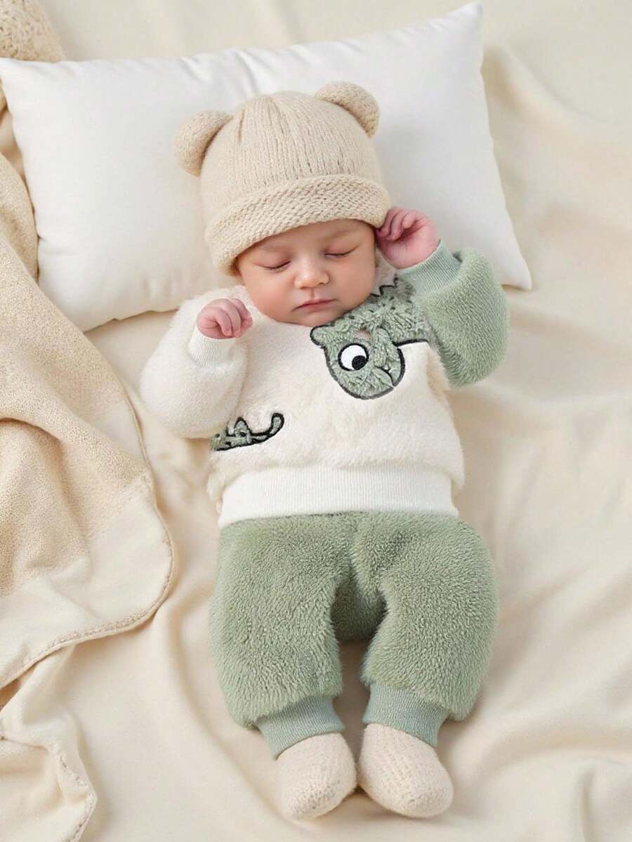 SHEIN Playful Pals Toddler Cute Dinosaur Plush Outfit, Thick Coral Fleece Two-Piece Set For Winter - Multicolor - View 1