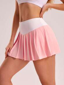 Gameset SHEIN Sport 女式撞色百褶休闲健身运动迷你裙 - 粉色 - 查看 1