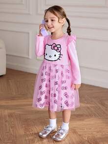 HELLO KITTY AND FRIENDS | SHEIN Young Girl Sweet Cute Print Round Neck Long Sleeve Mesh Bow Allover Print Flared Hem Knit Pink Dress - Pink - View 4