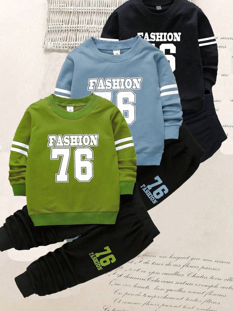 SHEIN Explorewe 6 件套年轻男孩休闲运动学院街头时尚 76 数字和字母印花运动衫 + 裤子,适合日常穿着、上学、郊游、运动、春秋季 - 彩色 - 查看 1