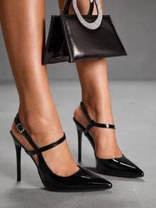 CUCCOO SZL 女士尖头高跟鞋，亮黑色材质，时尚性感夜店派对走秀踝带超高跟鞋 - 黑色 - 查看 5