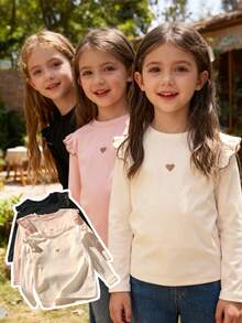 Genkimix Kids 3pcs Young Girls Autumn/Winter Ruffle Trim Double-Sided Fleece Thermal Underwear, Versatile Round Neck Embroidered Heart Long Sleeve T-Shirt