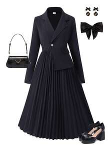 少女时尚甜美不对称领腰部收腰褶皱纯色连衣裙，略显正式 - 黑色 - 查看 3