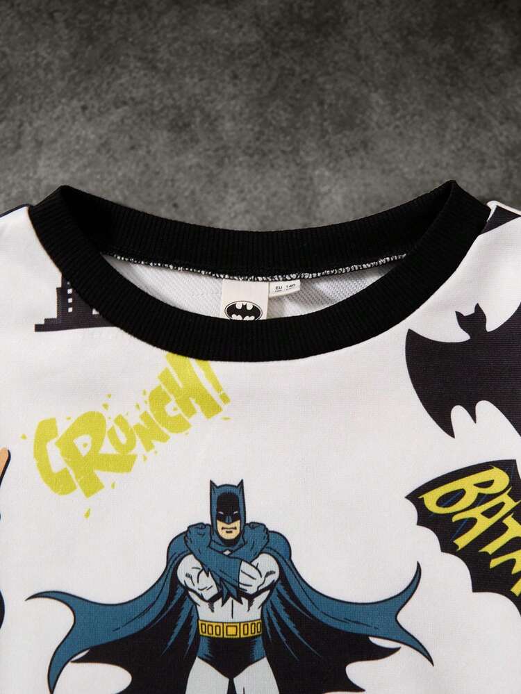 BATMAN X SHEIN 青少年男孩和酷炫休闲卡通全身印花宽松圆领长袖针织运动衫，白色 - 白色 - 查看 6
