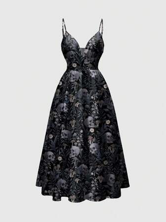 Goth Vestido de mujer de estilo gótico romántico Mori con estampado de hojas, de corte bajo y tirantes finos, de misterio y oscuridad