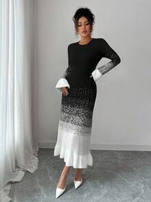 Elenzga Robe pull mi-longue en tricot pour femme, nouvelle collection automne/hiver, col rond, motif ombré, ourlet et poignets à volants, élégante, à la mode, décontractée, ajustée - Noir - Voir 6