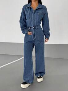 StreetHx Women's Casual Washed Denim Long Sleeve Jumpsuit Denim Jumpsuits Denim Outfit Women Jean Outfits Sets For Women Jean 2 Piece Set 2 Piece Denim Sets Woman - Blue - View 4