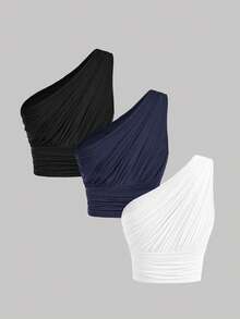 SHEIN MOD 3pcs Women's Elastic Fitted Short Ruffle Shoulder Tops - Navy Blue - View 2