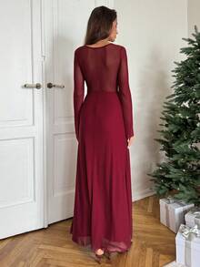 Aloruh Vestido de festa feminino elegante com decote quadrado e fivela de metal, cintura marcada, vermelho, vestido de natal - Borgonha - Ver 5
