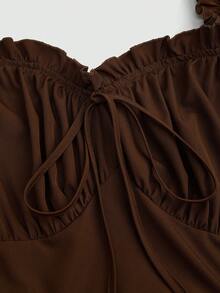 Sweetra Đầm dài tay thanh lịch cổ tim viền bèo màu trơn cỡ lớn dành cho nữ - màu nâu - Xem 8