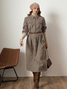 Zelara Autumn/Winter Jacquard Plaid Mid-Length Shirt Dress Brown Dress Brown Thanksgiving Outfit For Women New Year Dress New Year Look Clothes For New Year New Year Clothes Winter Dress Women Maija Fall Winter 2025 Women Maija 2025 Winter Clothes For Women Women's Winter Coat Brown Brown Dress Brown Dress For Women Thanksgiving Outfit For Women Winter Dresses For Women - Brown - View 1