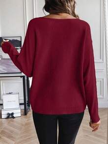 SHEIN LUNE Women's Casual Solid Color Round Neck Batwing Long Sleeve Loose Sweater, Autumn/Winter - Burgundy - View 2