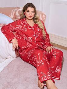 SweetSlumber 加大码可爱蝴蝶结泡泡褶皱睡衣套装，适合女性，圣诞节、秋冬季穿着 - 彩色 - 查看 5