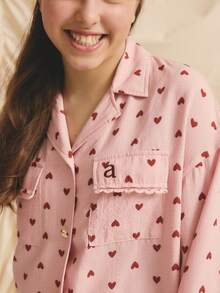 少女心形印花纽扣前开长袖衬衫和荷叶边下摆短裤套装 - 粉色 - 查看 3