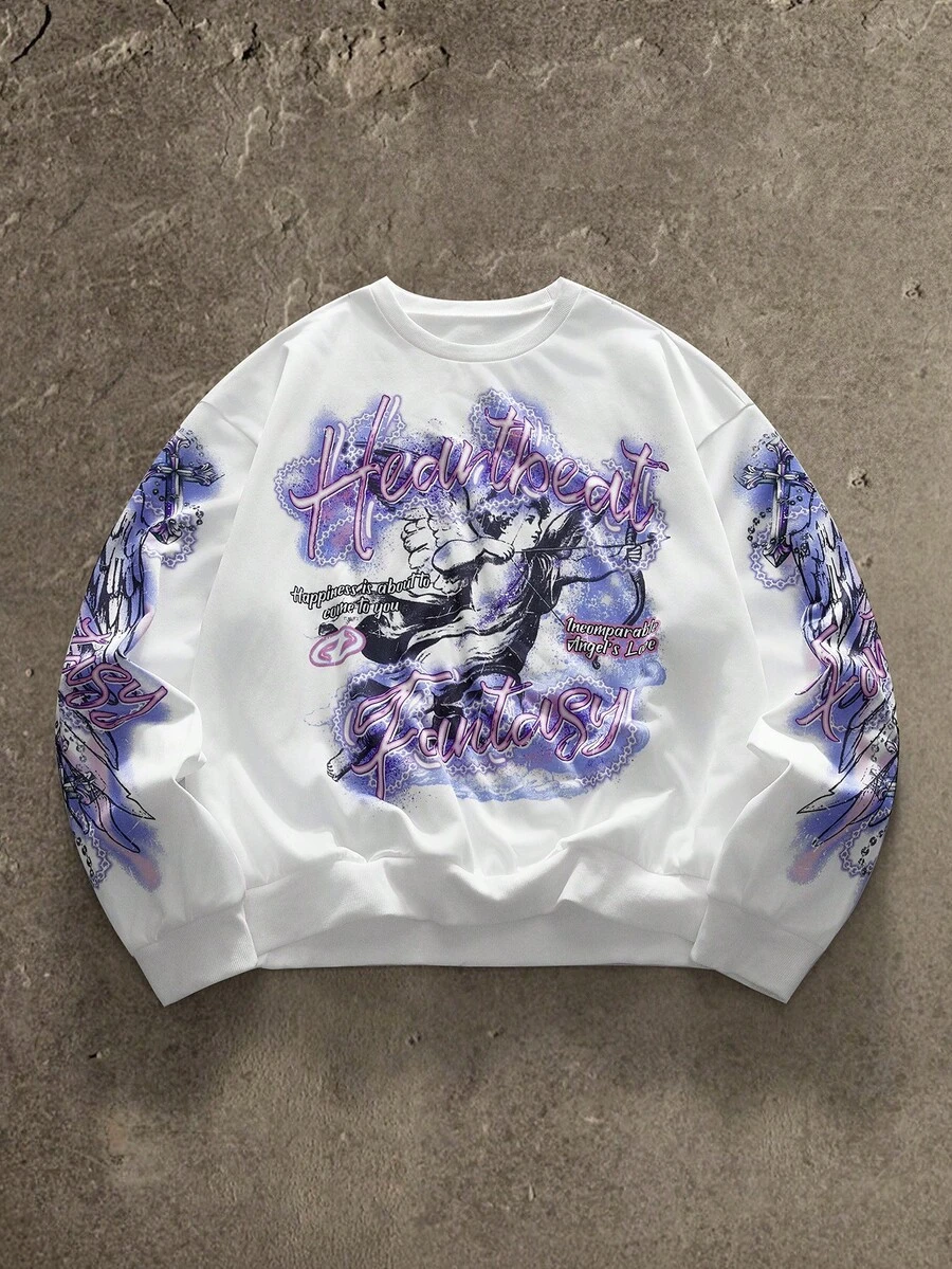 AXEPEAK Sudadera con estampado para hombres, cuello redondo, manga larga y corte holgado con estampado de ángel - Blanco - Ver 1