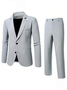 Calvornis 男士休闲商务两件套西装，纯色西装套装夹克和裤子，简约时尚休闲日常穿着婚礼西装舞会西装男士，适合情人节周年纪念日等场合，是送给男朋友或丈夫的绝佳礼物。 - 灰色 - 查看 6