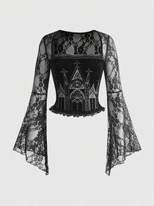 ROMWE Top à manches évasées avec col carré en velours, patchwork et dentelle, style gothique vintage d'Halloween pour femmes