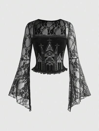 Women's Vintage Halloween Gothic Castle Embroidered Velvet Patchwork Lace Splice Square Collar Flare Sleeve Top