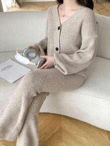 SHEIN Teen Girls Khaki V-Neck Cardigan & Pants Knitted Casual Versatile Sweater Set - Grey - View 1