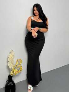 Firerie Elegantes, romantisches Date Night, sexy Party, moderner Retro-Farbblock 3D Blumen-Spaghettiträger-Bodycon-Meerjungfrau-Maxikleid mit Rückenschlitz, geeignet für Valentinstag, Geburtstag, Hochzeit, Sommer, Musikshow, formelle Anlässe, Arbeit, Schulanfang, Urlaub, Strand, Bürodame, Meerjungfrau-Stil, Geburtstagsparty, Große Größen - Schwarz - Übersicht 6