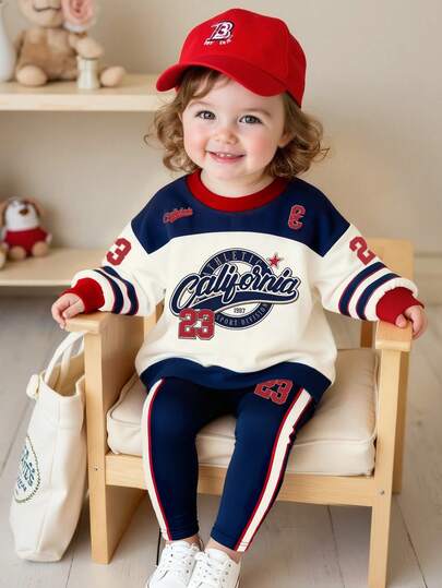 Cozy Fall & Winter Styles Toddler Girl Casual Fashion Creative Personalized Fresh Minimalist Numeric & Letter Graphic California 23 Print Sweatshirt & Leggings 2-Piece Outfit, Comfortable Outfit For Baby Girls In Autumn/Winter
