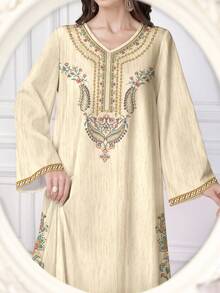 Al Najma Women's Floral & Digital Print V-Neck Long Sleeve Elegant Arabic Style Maxi Dress, Spring/Autumn - Multicolor - View 1