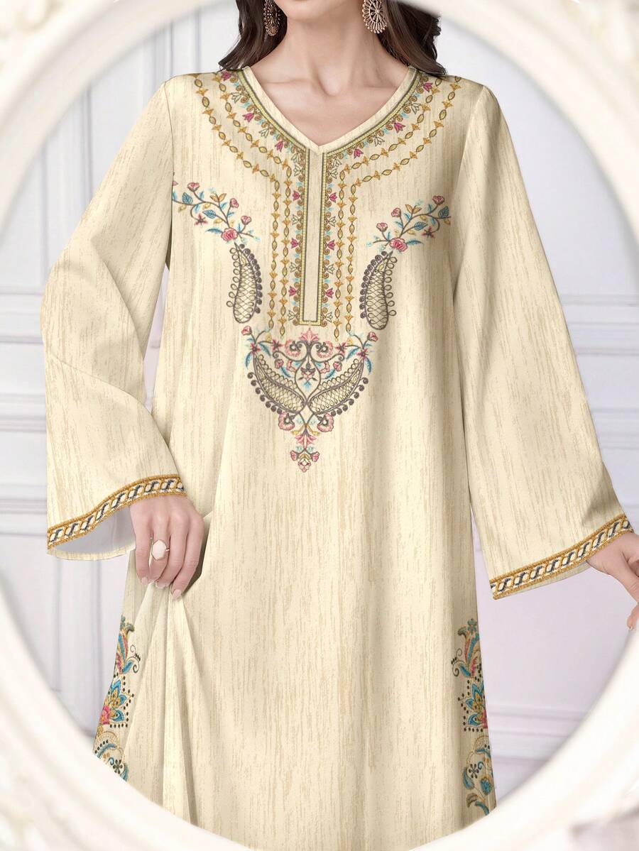 Al Najma Women's Floral & Digital Print V-Neck Long Sleeve Elegant Arabic Style Maxi Dress, Spring/Autumn - Multicolor - View 1