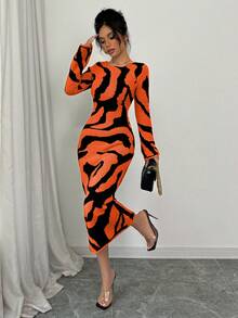 Elenzga Women's Contrast Color Pattern Flare Sleeve Knit Dress - Burnt Orange - View 4