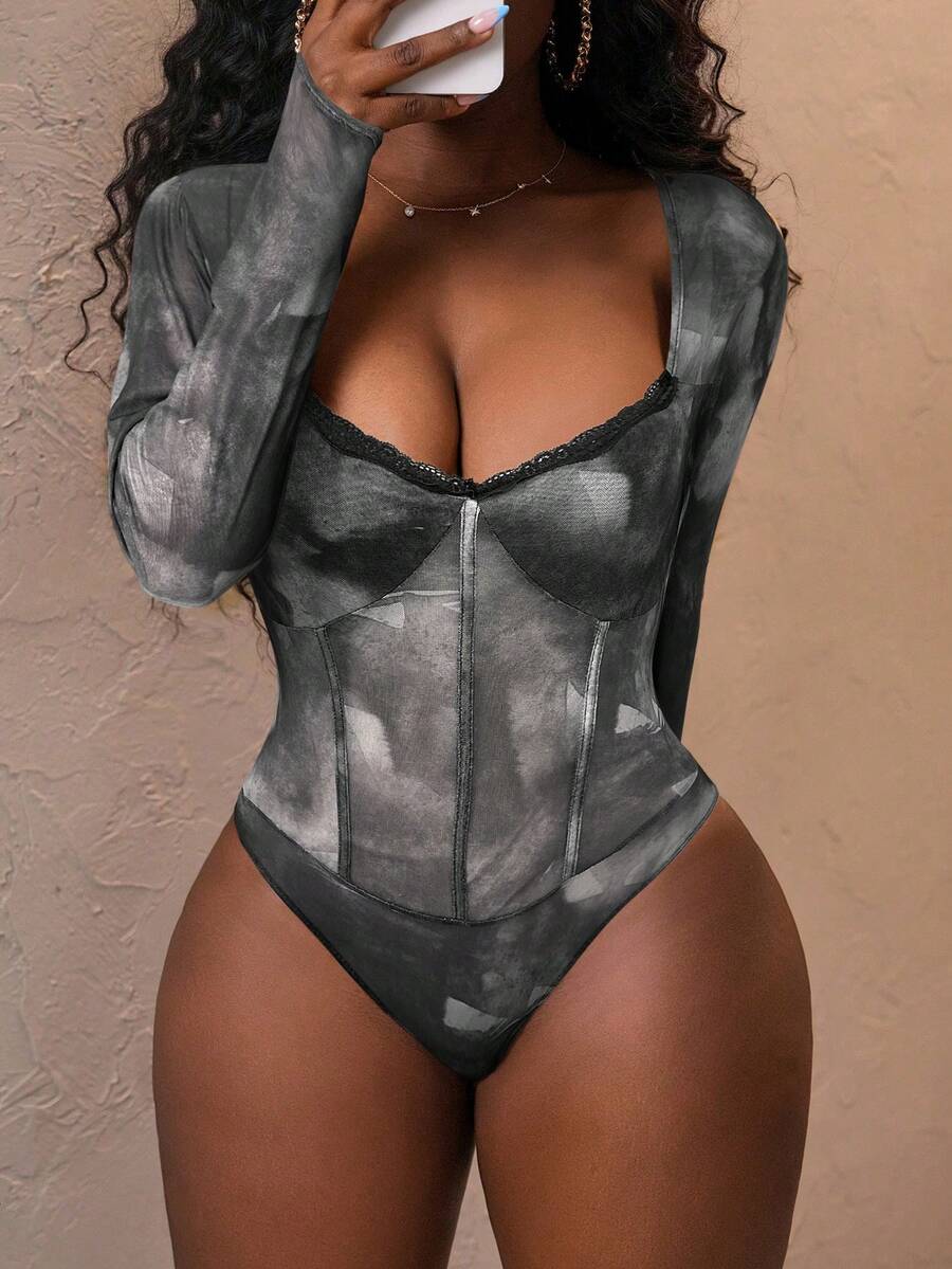 Slaydiva New Elegant Casual Square Neck Lace Decoration Sfumato Pattern Print Long Sleeve Women's Jumpsuit