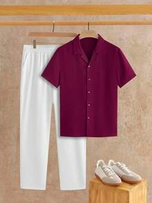 Manfinity NXTstreet 男士休闲华夫格领衬衫和松紧腰裤，适合度假和通勤 - 酒紅色 - 查看 1