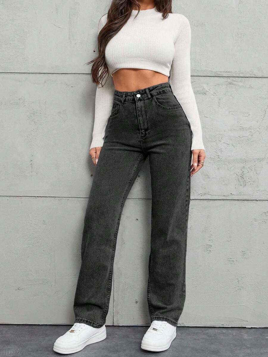 SHEIN Tall 高码100%纯棉斜口袋直筒牛仔裤 - 深灰色 - 查看 1