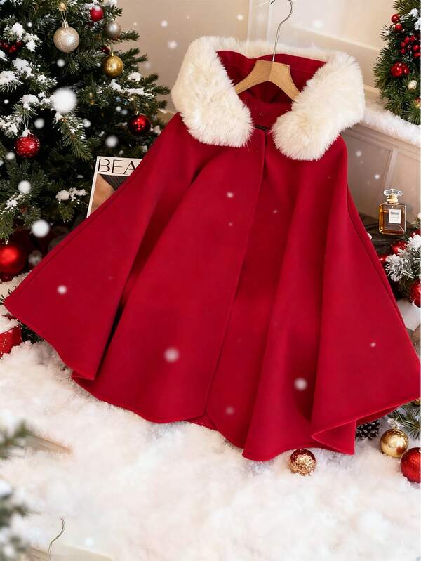 Regalyn Christmas Atmosphere, Elegant Cloak With Fur Collar, Red Plus Size Coat