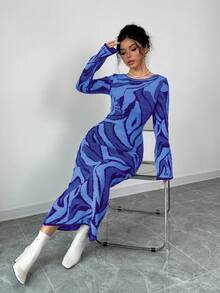 Elenzga Women's Contrast Color Pattern Flare Sleeve Knit Dress - Blue - View 5