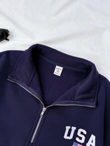 青少年女孩运动衫套装落肩拉链半开襟短款运动衫