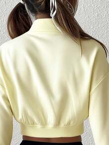 SHEIN EZwear 女士前拉链长袖简约短款卫衣，休闲日常穿着，长袖上衣，适合毕业、教师、秋冬季返校季穿着，黄色 - 杏色 - 查看 7