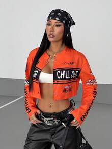 StreetHx Women's Streetwear Motorcycle Letter Print Cropped Jacket - Orange - View 3